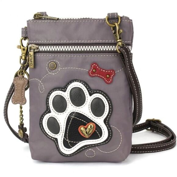 Chala Handbags - Chala Venture Cellphone Crossbody Bag - Paw Print / Dog RFID Grey Vegan Leather